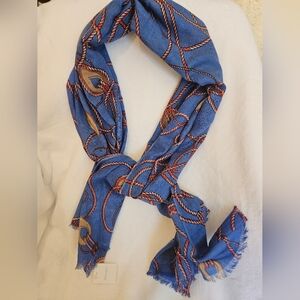J. MCLAUGHLIN SCARF NWT Med Blue And Coral  Togglewood 100% Wool